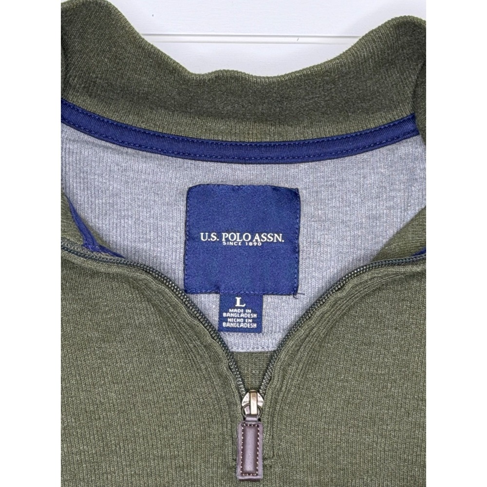 US Polo Assn Mens Large Olive Green Heather Quarter Zip Pullover Sweater Logo - Picture 7 of 7